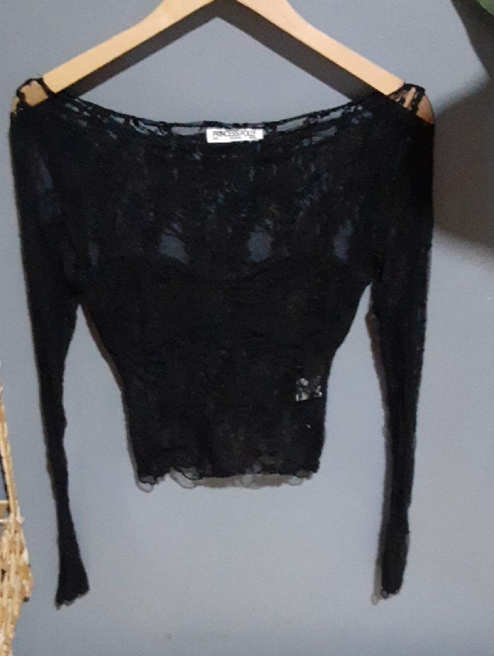 Princess Polly Black Sheer Lace Long-Sleeve Crop Top